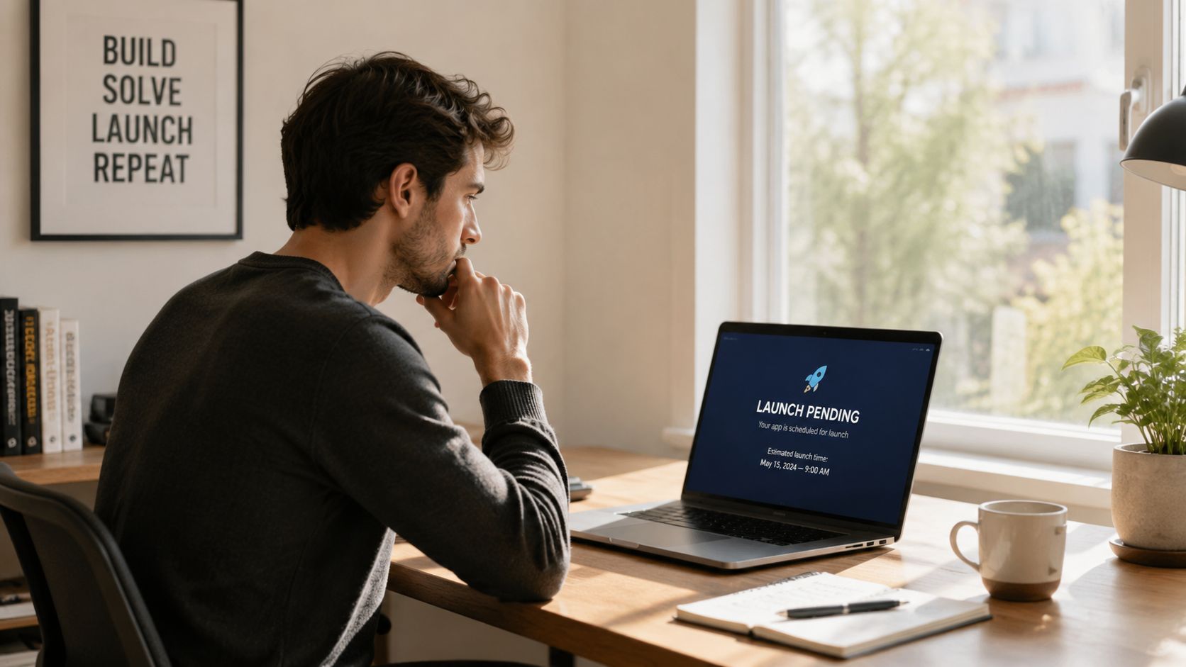 A man sitting at a desk looking at a laptop screen showing a pending product launch notification.