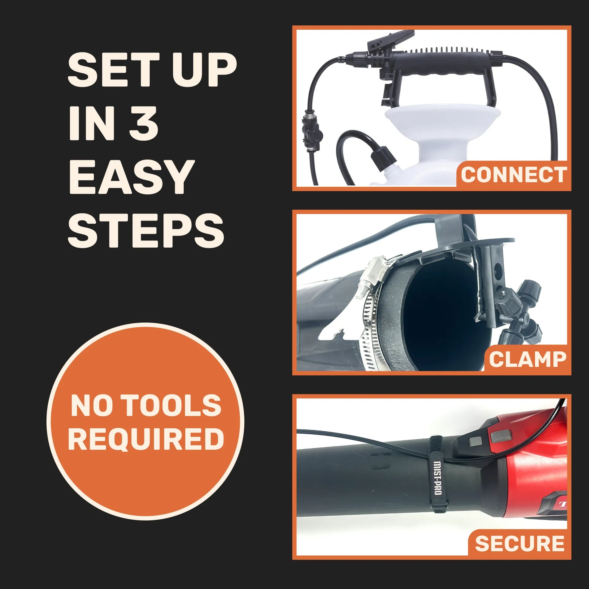 Step-by-step guide on setting up a device with text indicating 'Set up in 3 easy steps' and 'No tools required'.