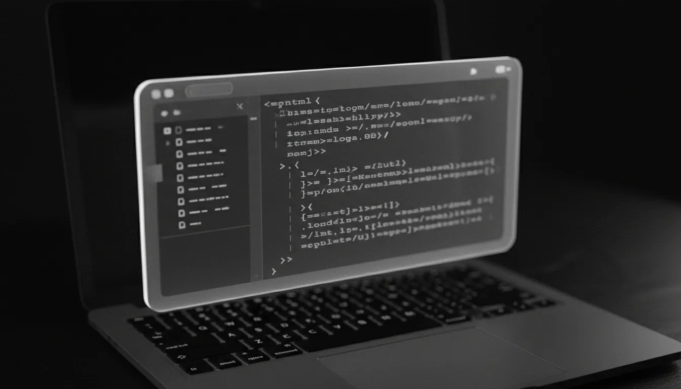 DSLR photography of a floating, semi-transparent code editor UI displayed on a futuristic glassmorphism panel. The interface is in a modern dark mode, with a left sidebar showing a project file tree and a main panel with abstracted lines of HTML code. High-angle close-up shot in a dark room, where the glowing UI is the primary light source, creating cinematic contrast. Below the panel, the top of a laptop keyboard is heavily blurred with a shallow depth of field. The entire image is in a monochromatic black and white color palette with a subtle film grain texture.