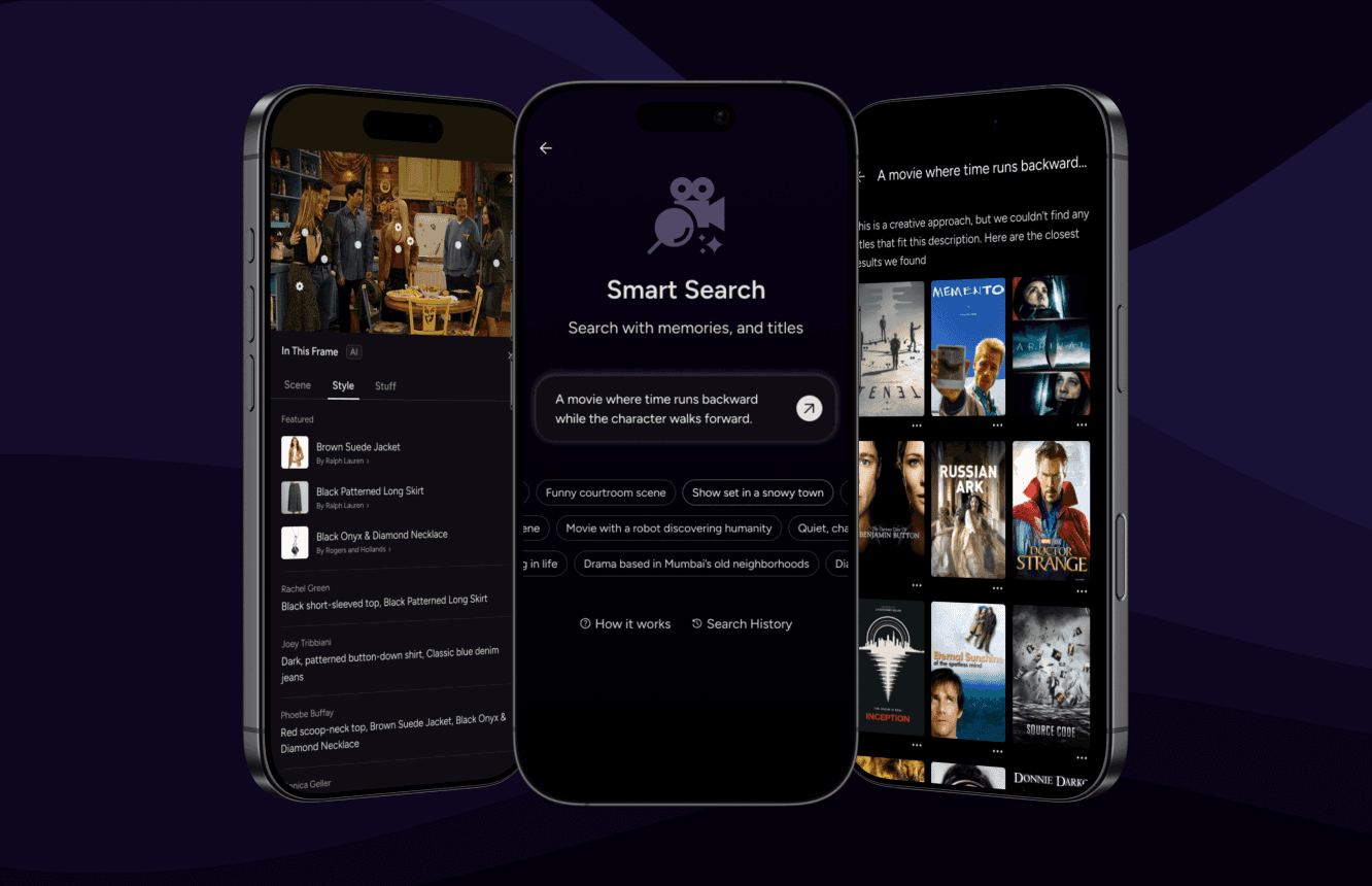 Three smartphone screens showing an AI-powered 'Smart Search' that finds movies based on visual memories and specific scene descriptions