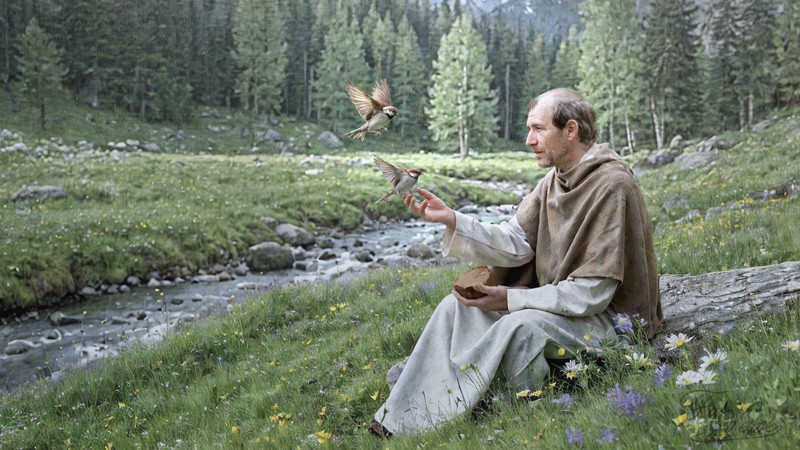 Sacred artwork by Faith and Verse. © Faith and Verse, 2026. All rights reserved. Saint Ursus of Aosta sitting by mountain brook, feeding sparrows, Alpine meadow setting.