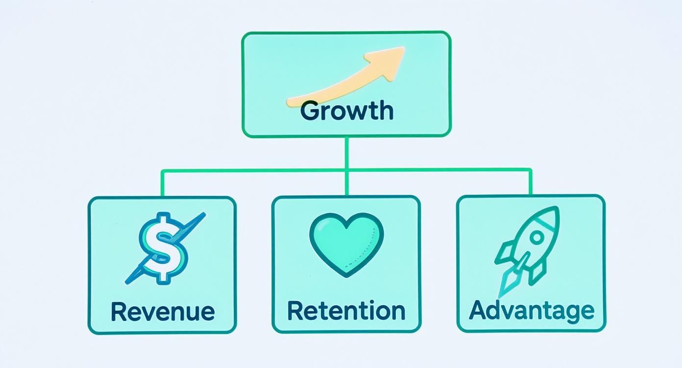 Visual model explaining how growth is driven by improving revenue, customer retention, and competitive advantage.