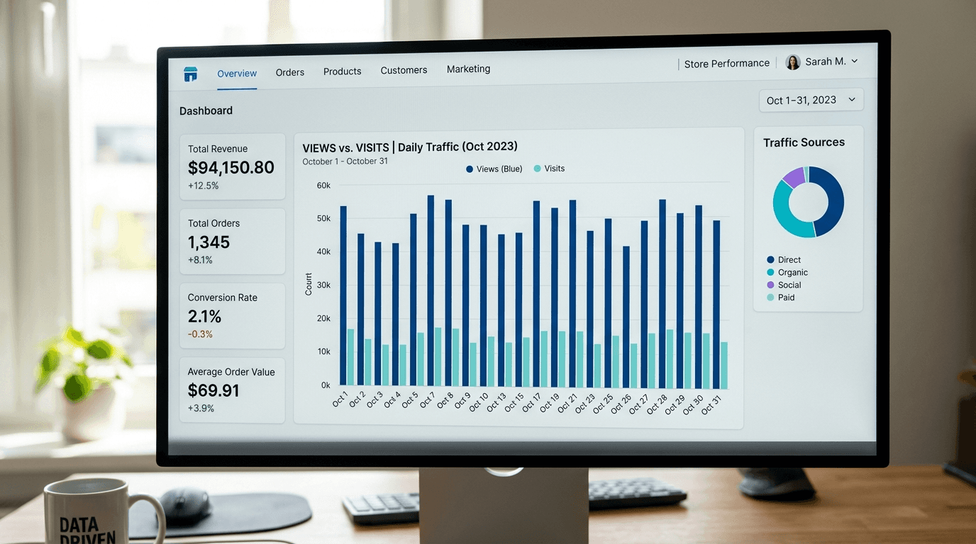 Etsy dashboard showing a healthy ratio of views to visits