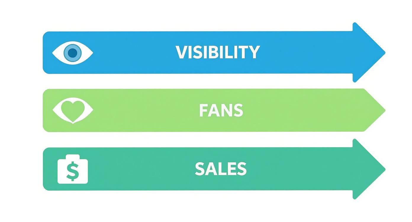 Three horizontal arrows depicting a marketing progression: Visibility (eye), Fans (heart), and Sales (money bag).