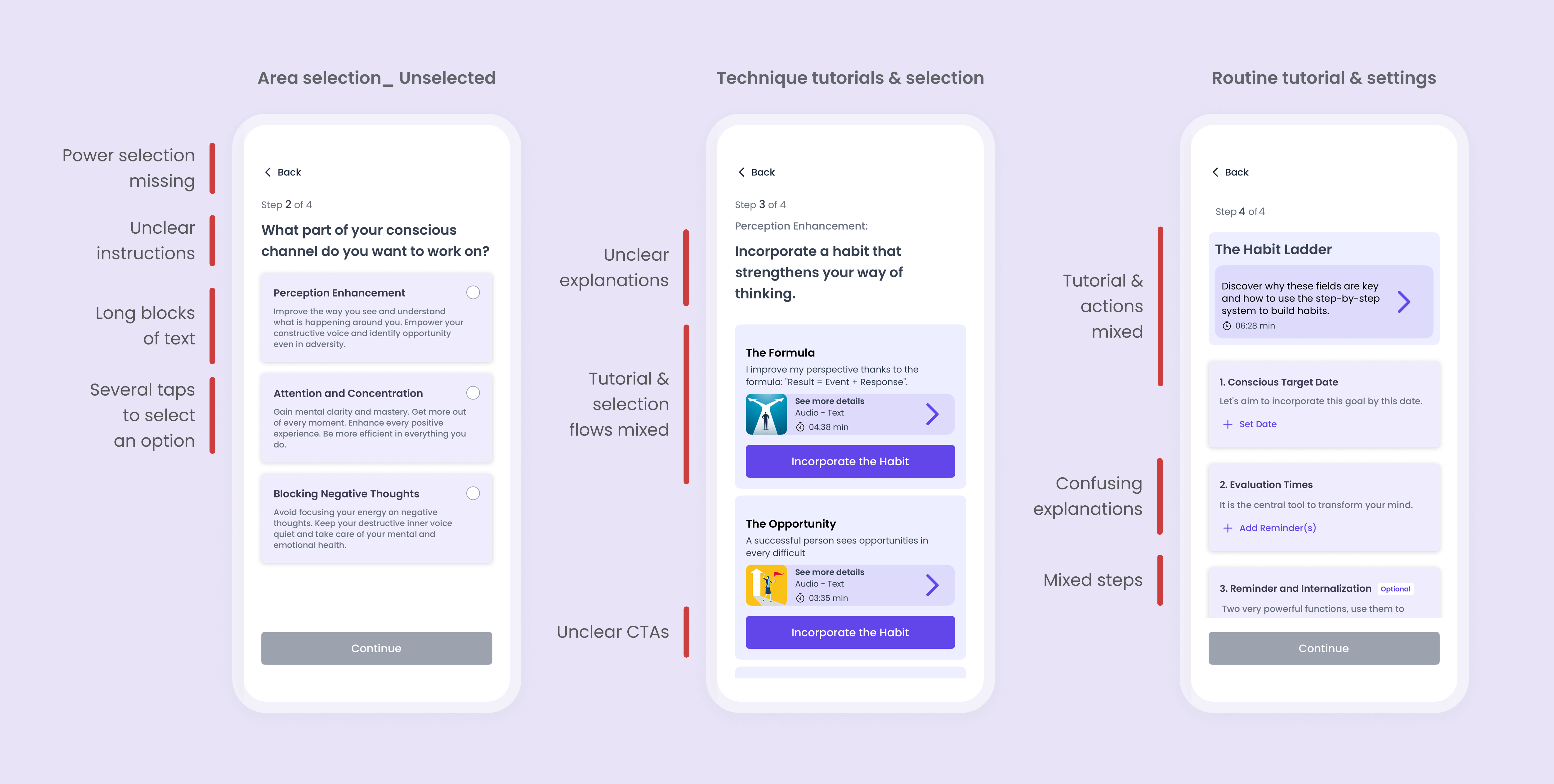 Annotated screens from the routine creation flow highlighting usability issues, including unclear instructions, long blocks of text, mixed tutorial and action steps, unclear CTAs, and increased cognitive load during selection and setup.