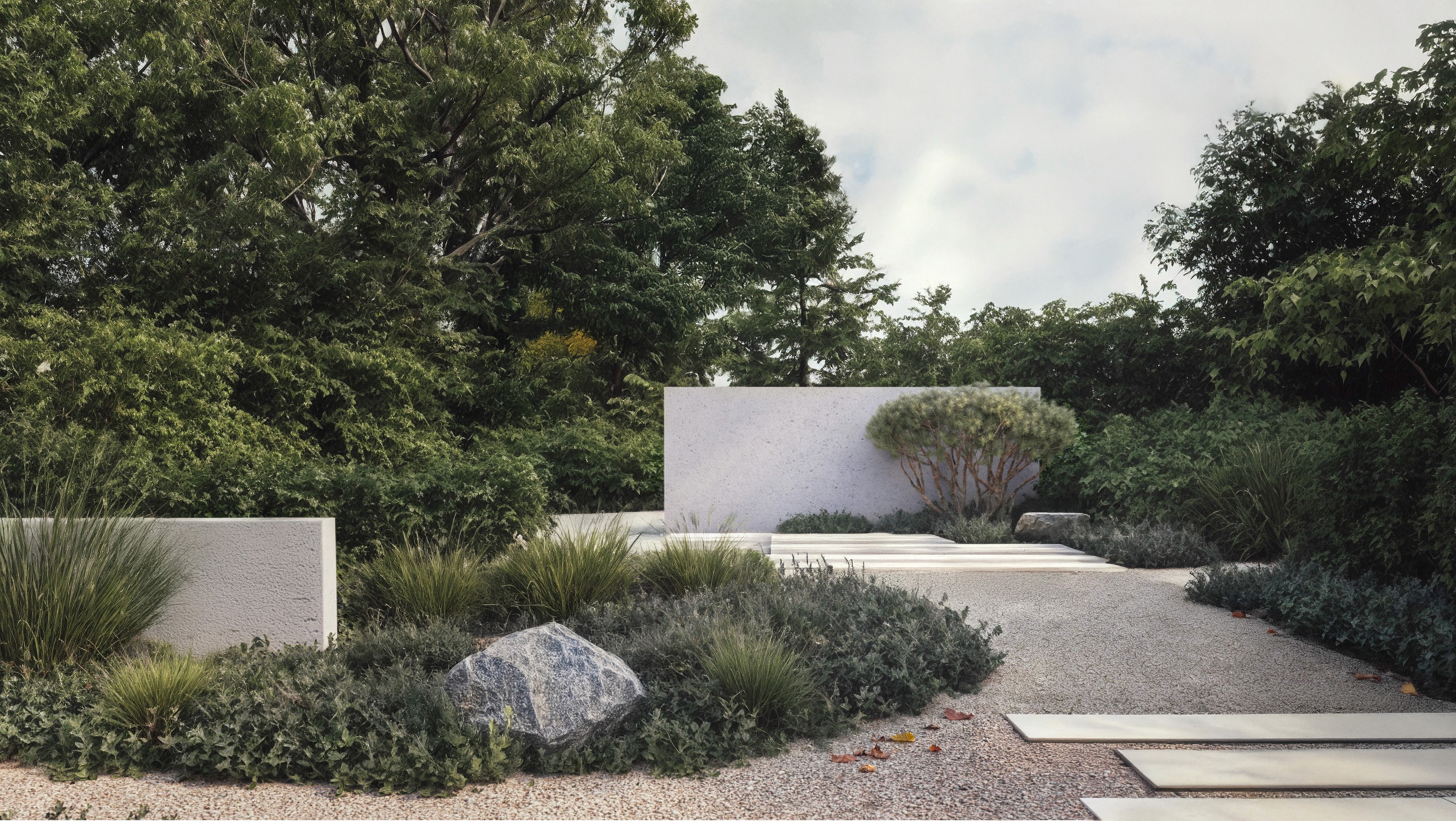 Modern landscaping with gravel paths, concrete slabs, rocks, and lush greenery.