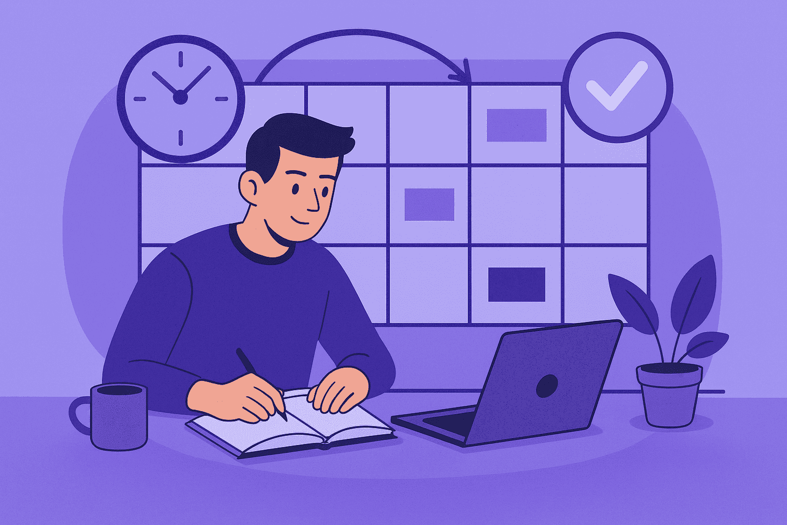 A flat-style digital illustration of a professional working at a desk with a calendar, clock, and arrows symbolizing structured time management and organized workflow.