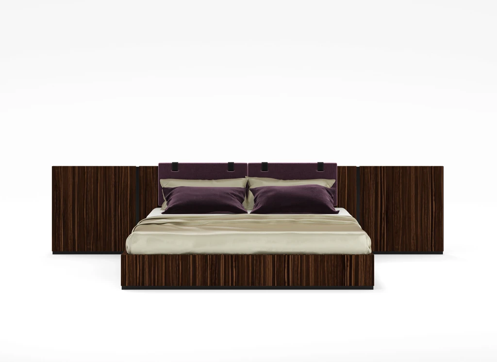 Frontal view bed with wooden structure and leather inserts