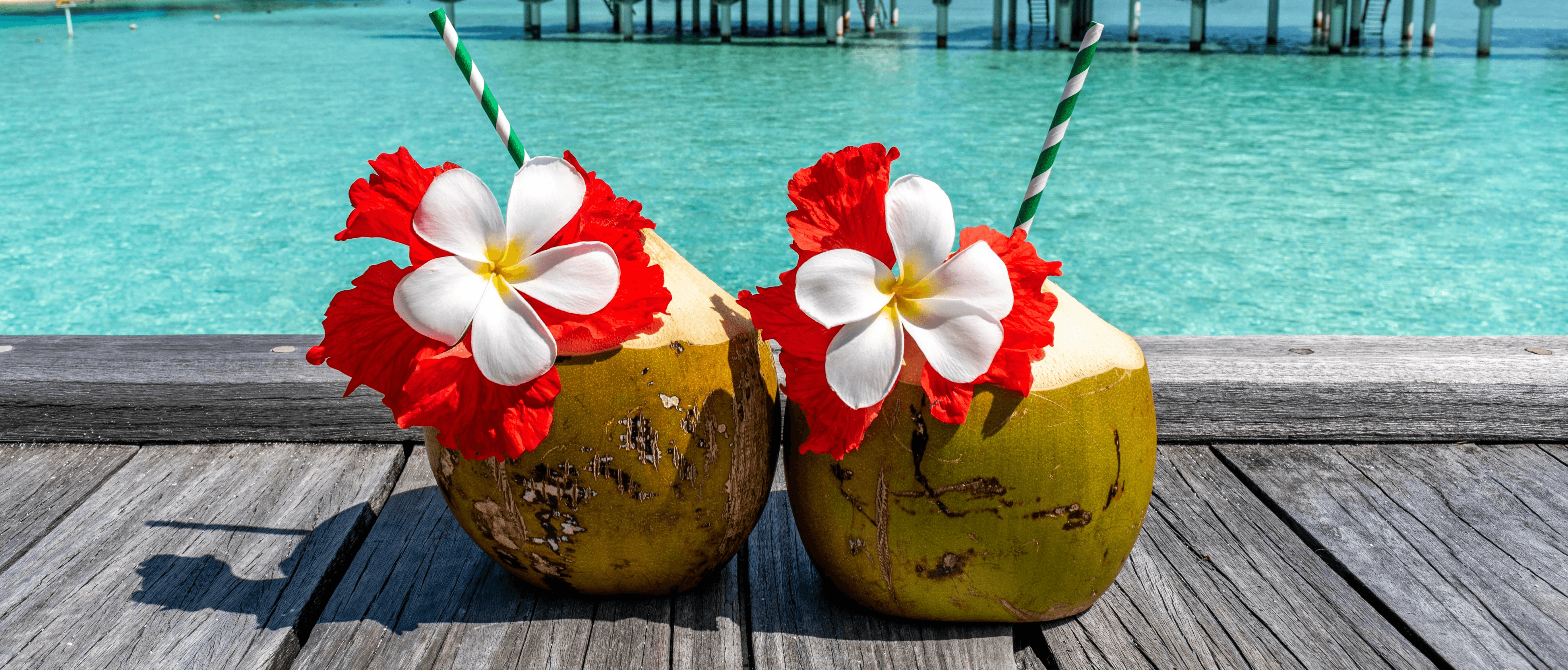a couple of coconuts sitting on top of a wooden table