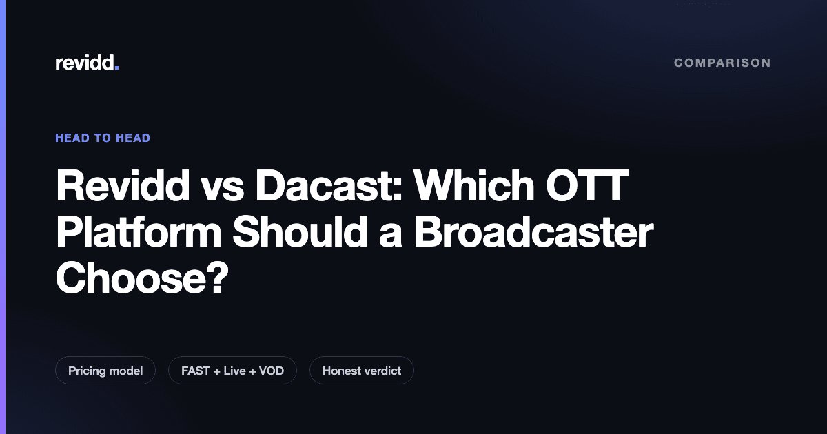 Comparison card showing Revidd full OTT platform versus Dacast live streaming infrastructure for broadcasters