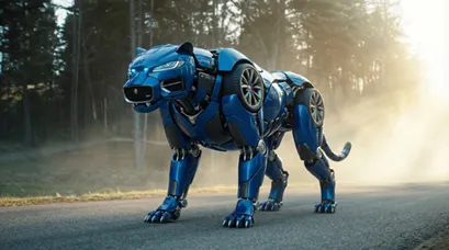 3D animation still of a robotic panther