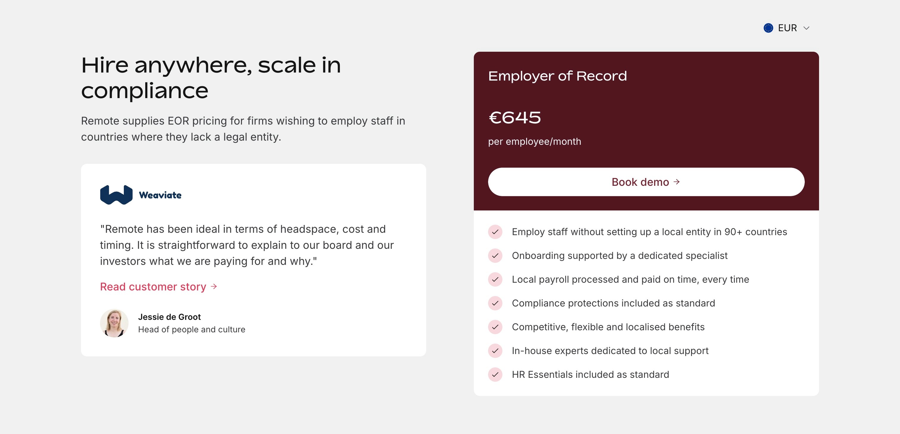 Remote, the pricing page showing contractor of record and its indemnity language