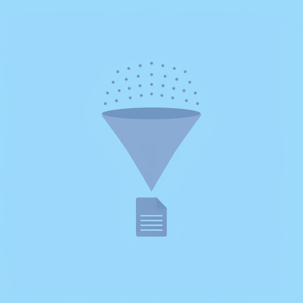 Funnel showing multiple research papers entering and distilling into organized summary components
