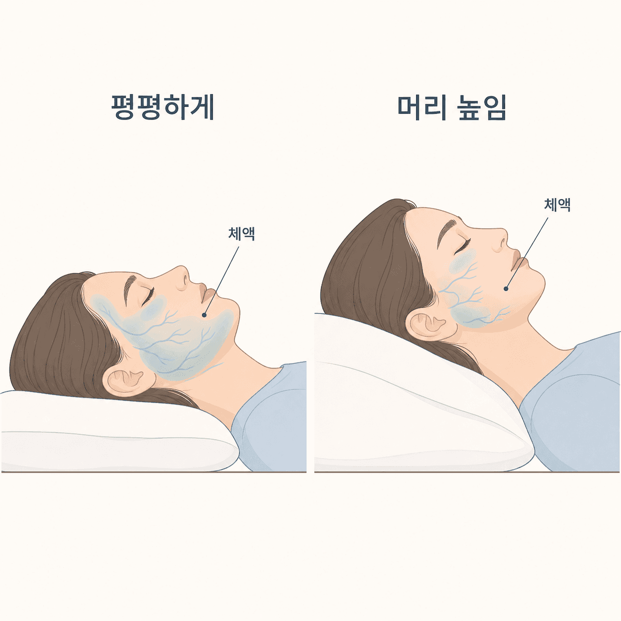 평평하게 누웠을 때와 머리를 높였을 때 얼굴 체액의 차이