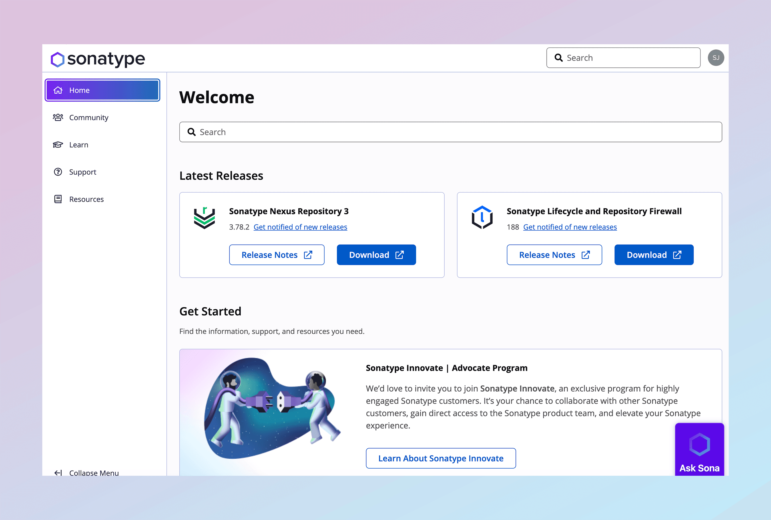 A shot of My Sonatype, which uses the top and side nav components. Body content includes a search bar, a latest releases section, and an info section on a customer program title Innovate