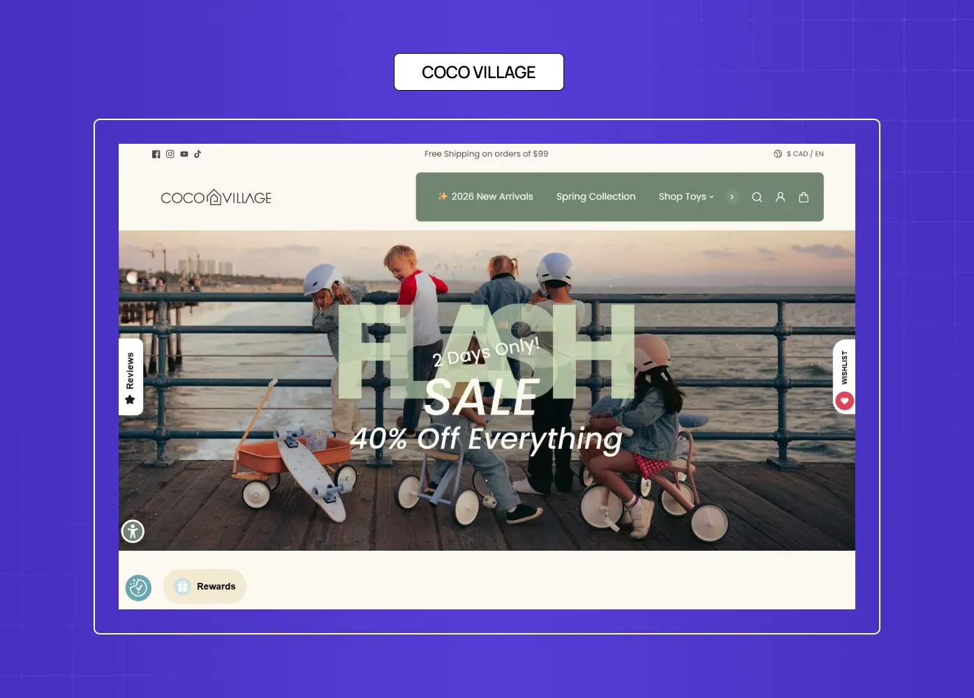 Coco Village e-commerce homepage featuring children’s products and a seasonal sale campaign with lifestyle photography.