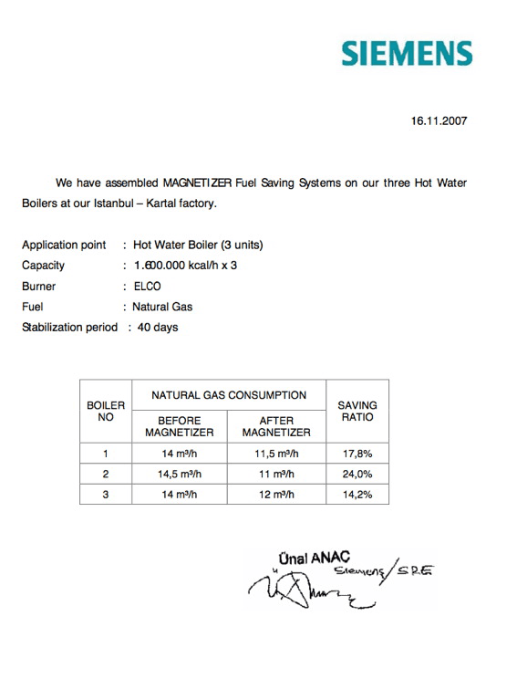 Siemens Turkey industrial test results demonstrating Magnetizer® fuel efficiency improvements.