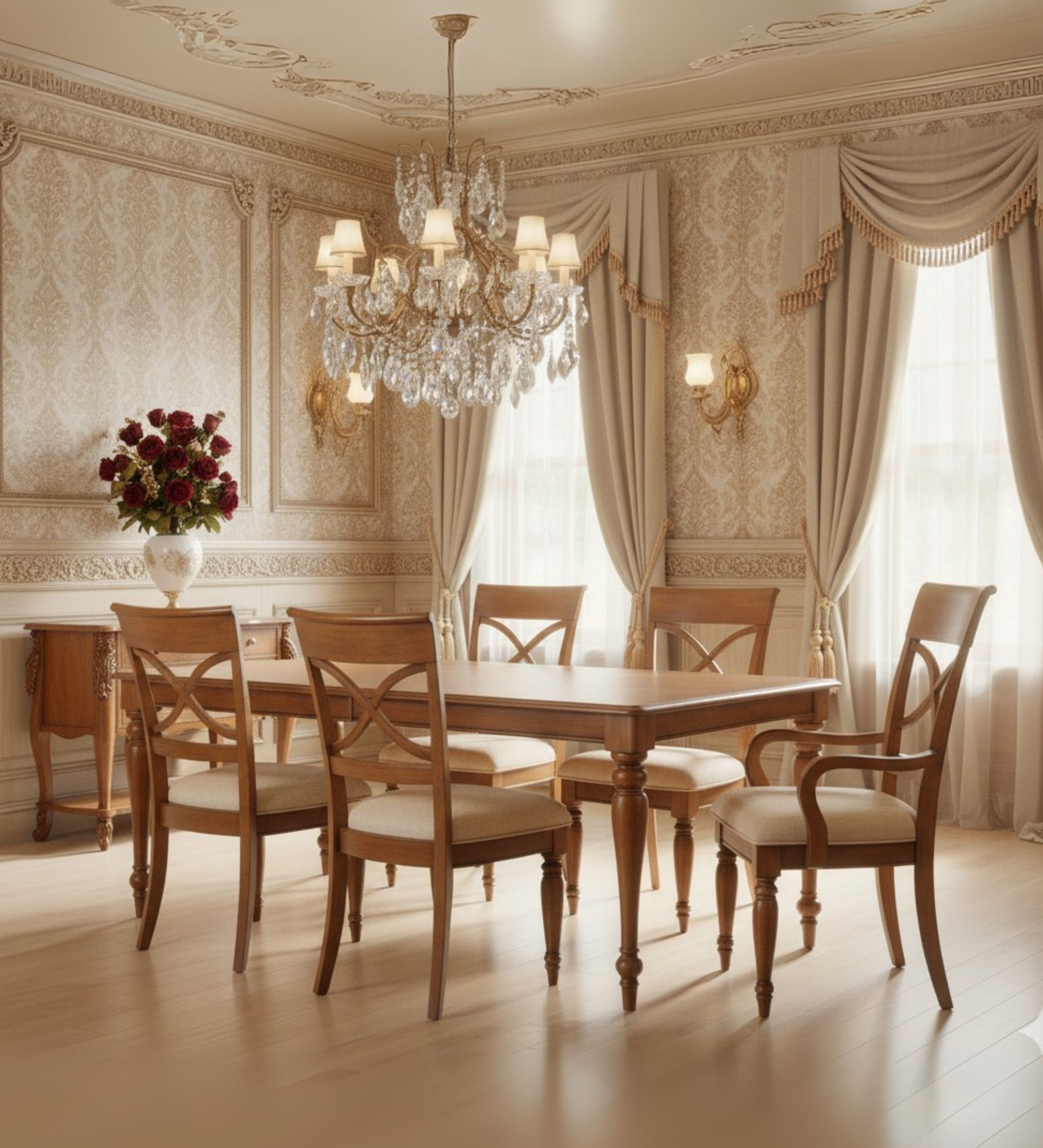 Traditional dining set surrounded by cross‑back wooden chairs, styled for formal family meals