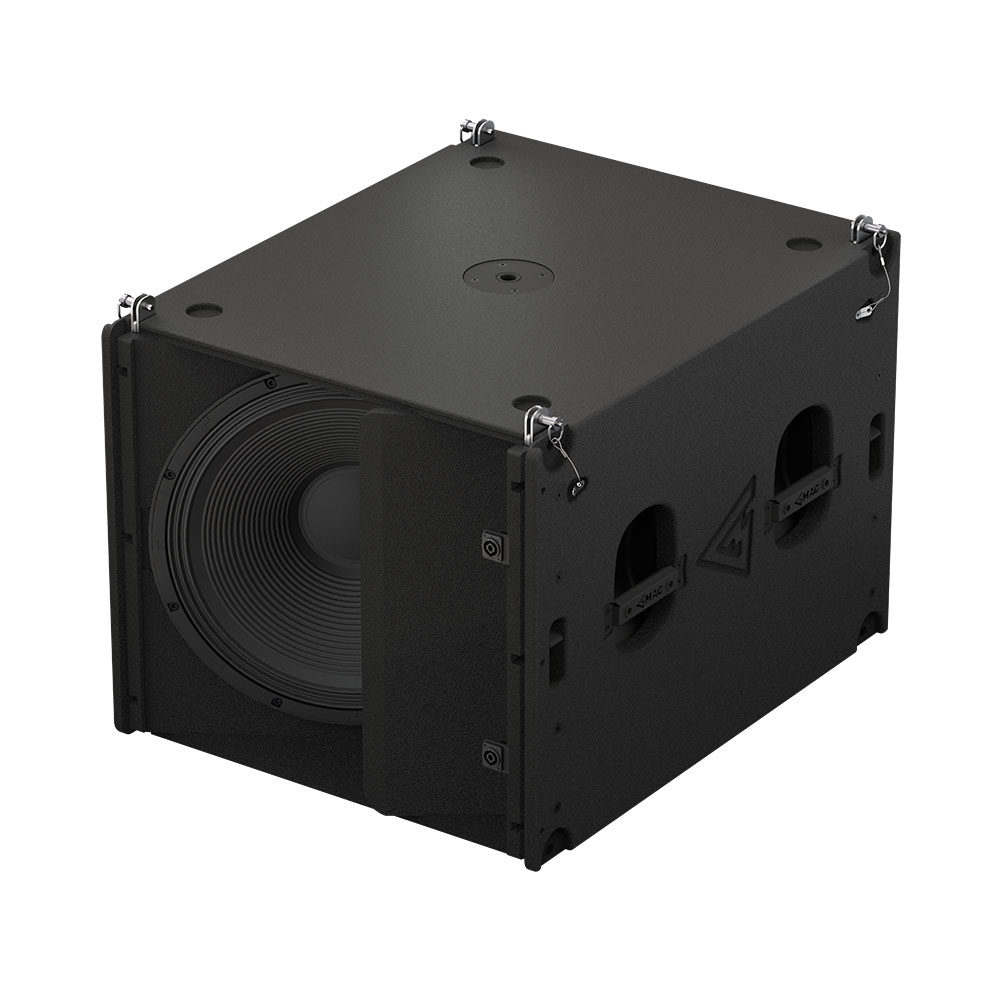 Black subwoofer with exposed speaker cone and rigging points.