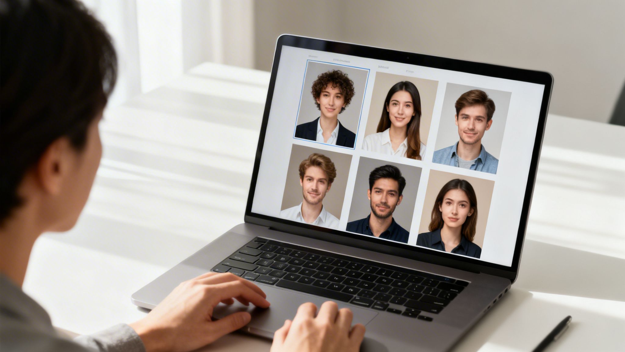 Rückenansicht einer Person, die auf einem Laptop verschiedene professionelle Profilbilder erstellt oder auswählt.