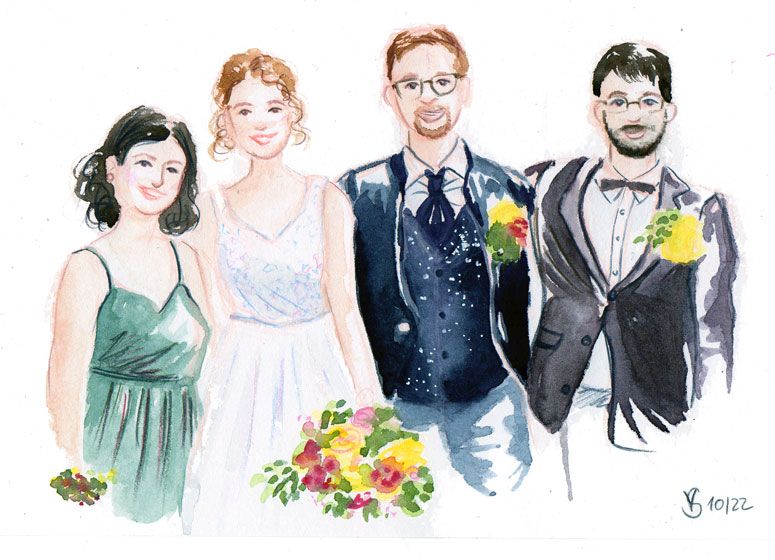 Detailgetreue Aquarell-Illustration eines Brautpaares und ihrer Gäste im edlen Stil der Modezeichnung von Vanessa Schumm.