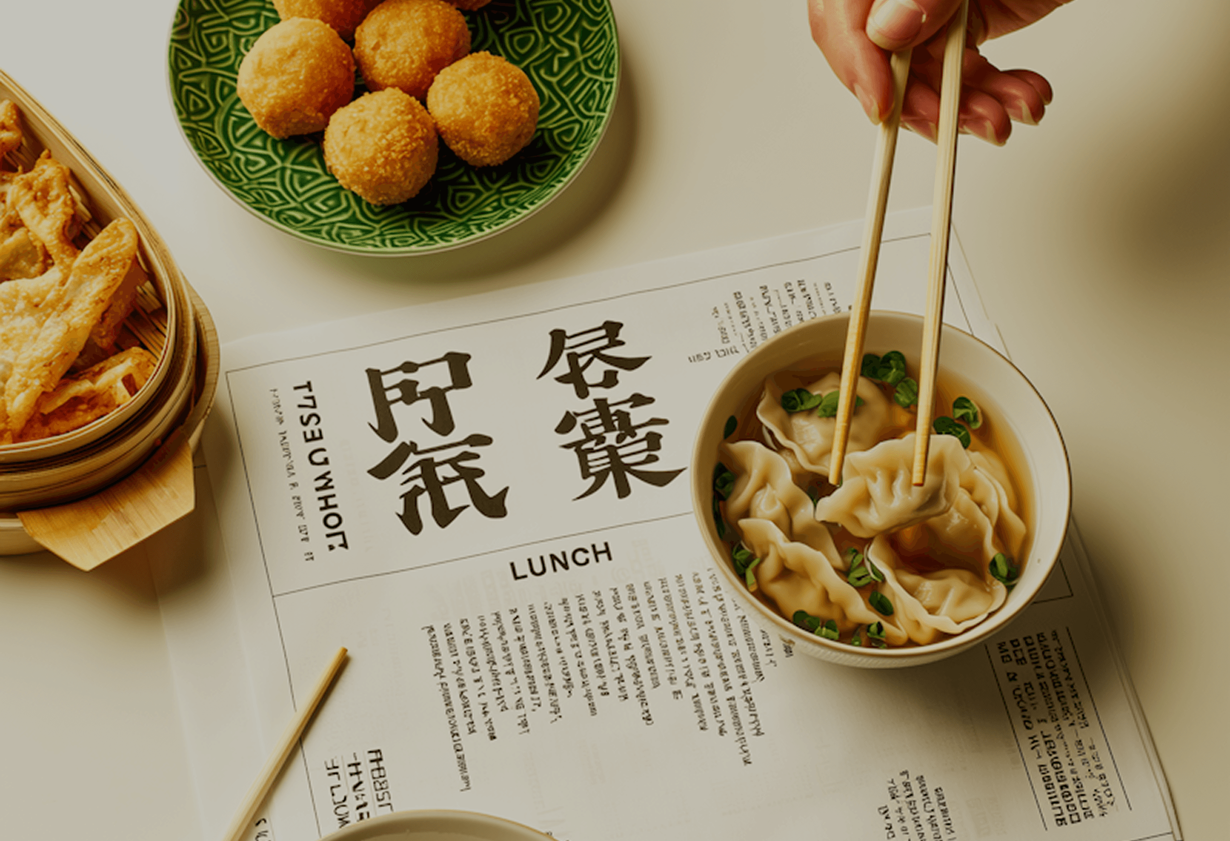 Hands holding chopsticks and dumplings over a lunch menu and snacks.