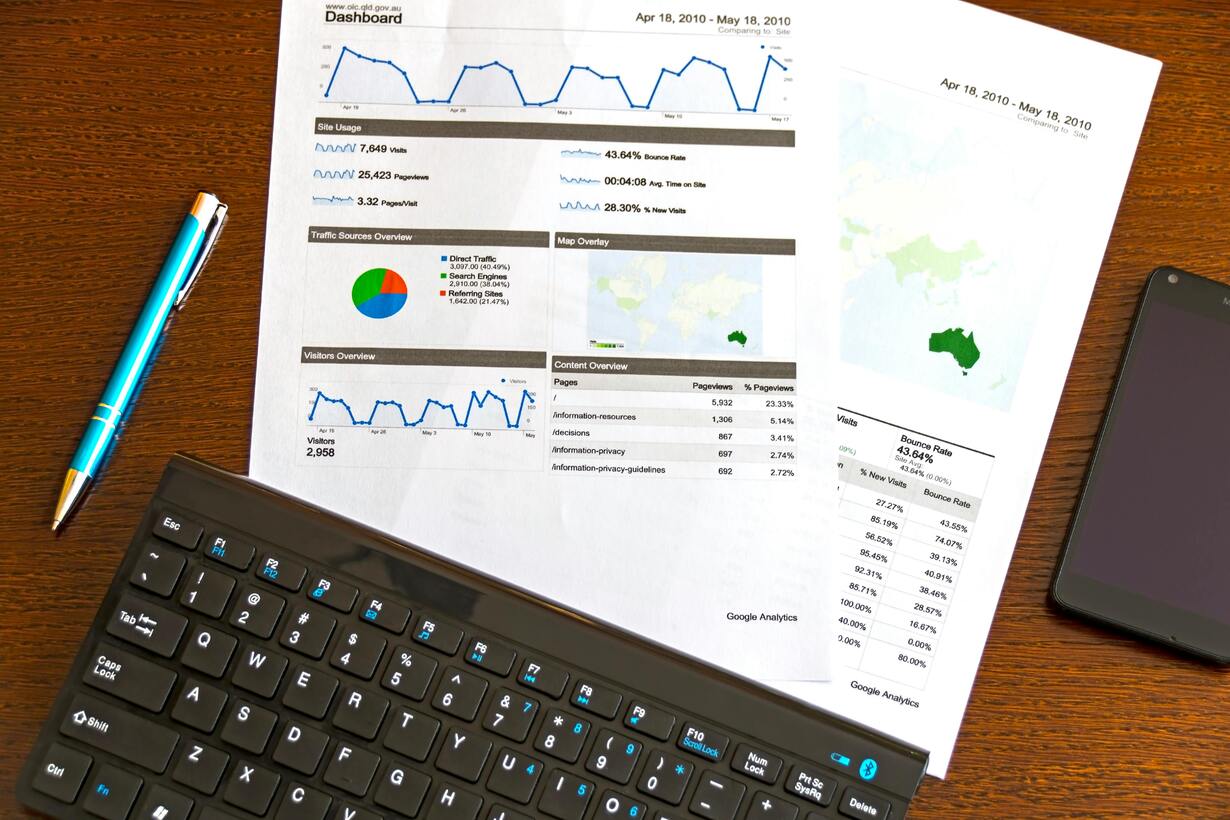 Business analytics data charts and reports on a wooden surface with keyboard, pen and smartphone.
