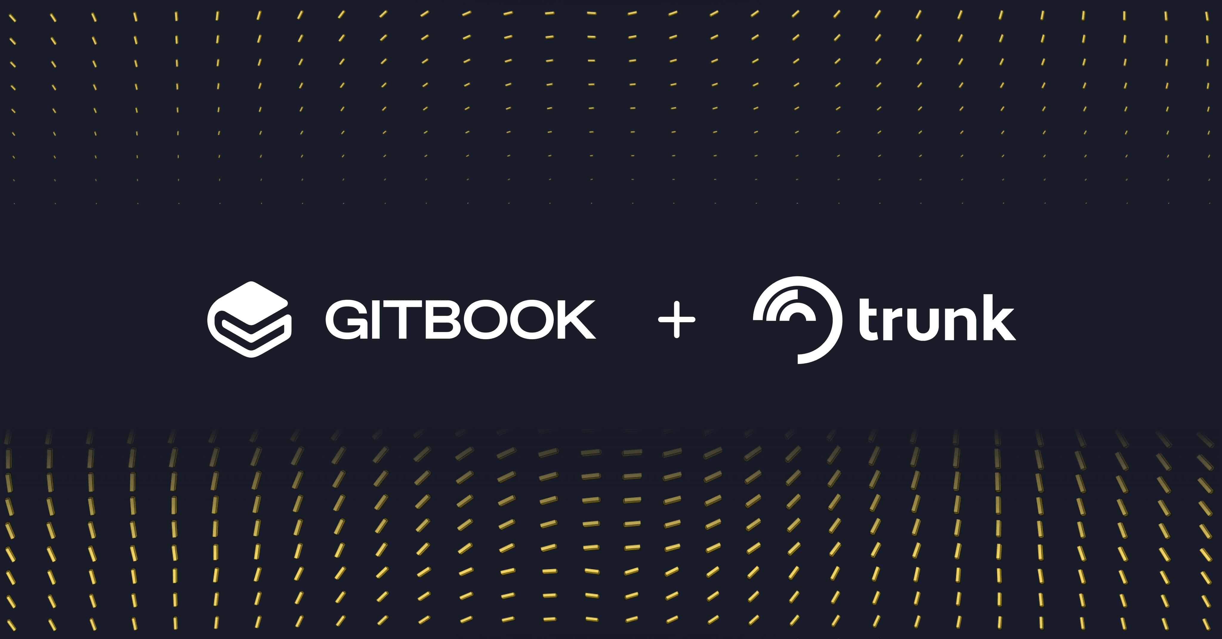 An illustration showing the GitBook and Trunk logos next to each other on a navy blue background that fades into a pattern of yellow shapes