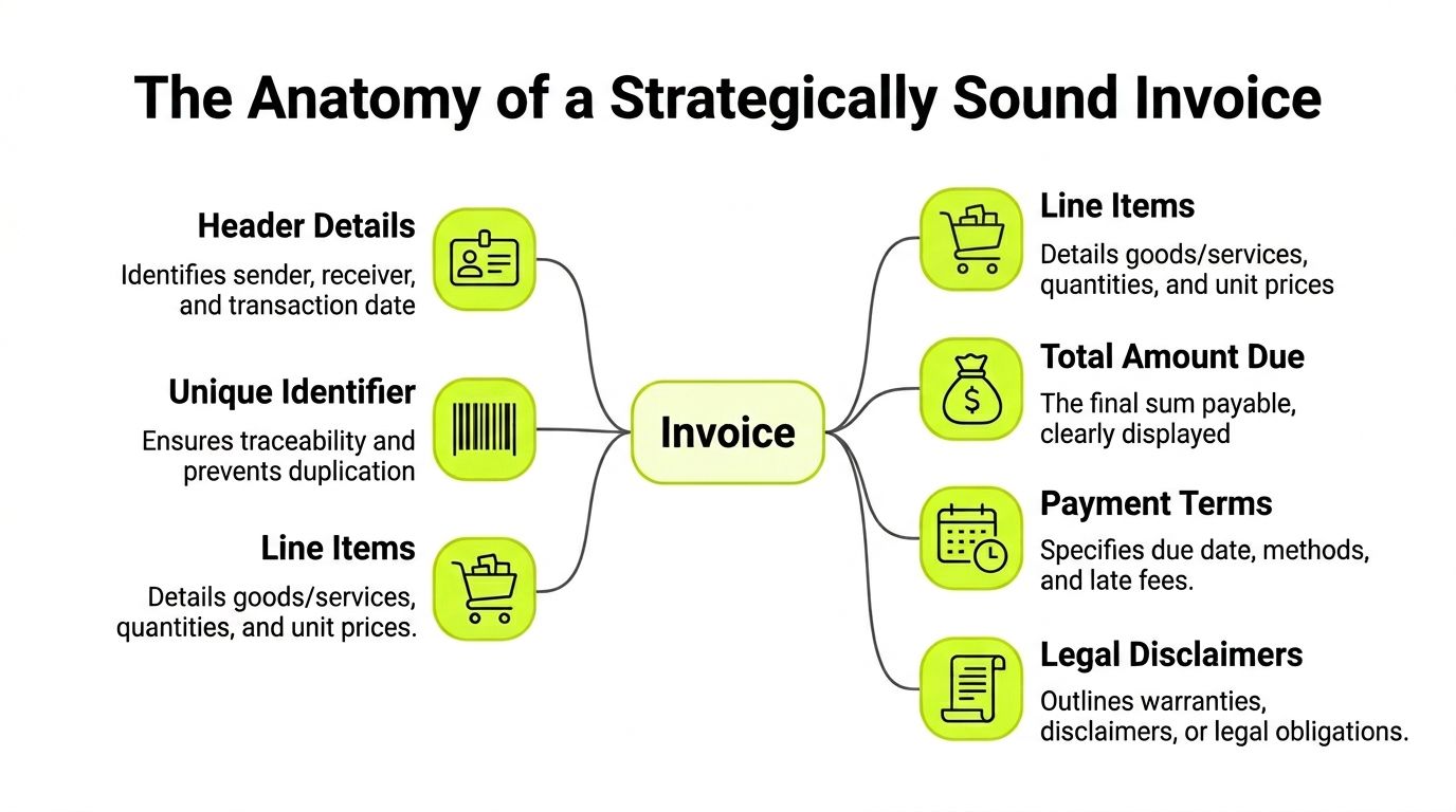 A diagram titled The Anatomy of a Strategically Sound Invoice showing key components of professional invoicing.