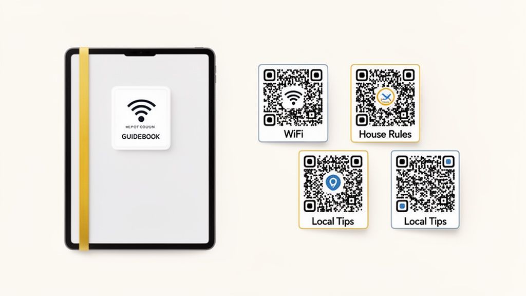 Digital tablet displaying a guidebook app next to four QR codes for WiFi, house rules, and local tips.