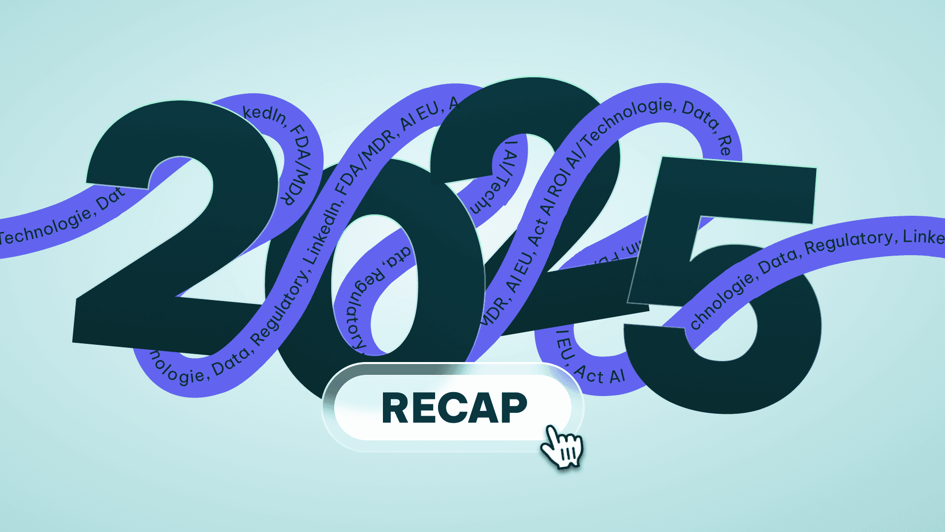 2025 MedTech recap graphic with large 2025 typography, AI, regulatory, MDR, FDA, data and technology keywords, and a recap button with cursor.