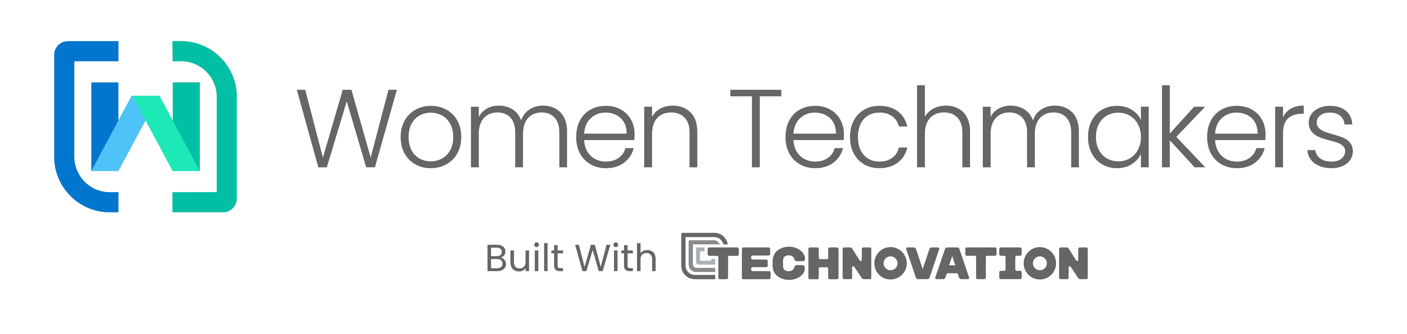 Logo mit stilisiertem "W" in Blau und Grün neben dem Schriftzug "Women Techmakers". Darunter steht "Built With Technovation" in grauer Schrift.