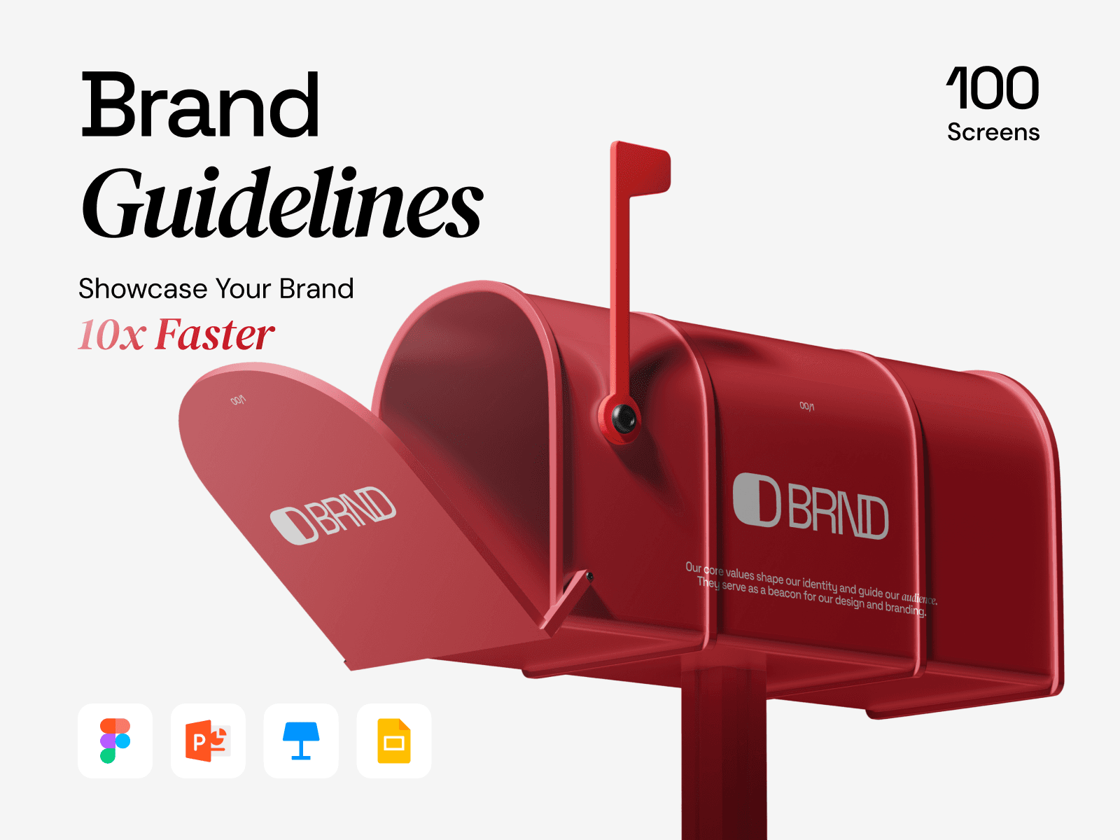 BRND brand guidelines template displaying color palettes, typography, and identity rules