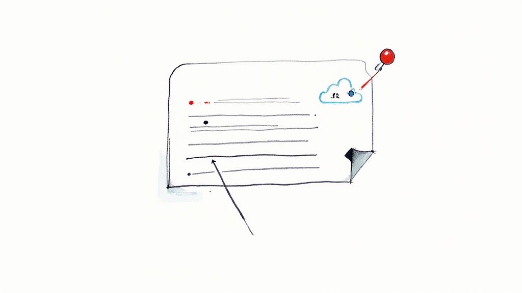 Hand-drawn sketch of meeting notes or a document with bullet points, a cloud icon, and a red pushpin.