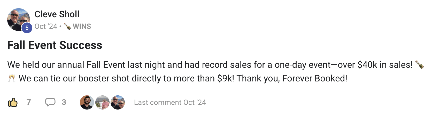Forever Booked funnel results for Aesthetic Solutions fall event generating $40,000 in sales plus $9,000 from booster shot campaigns October 2024