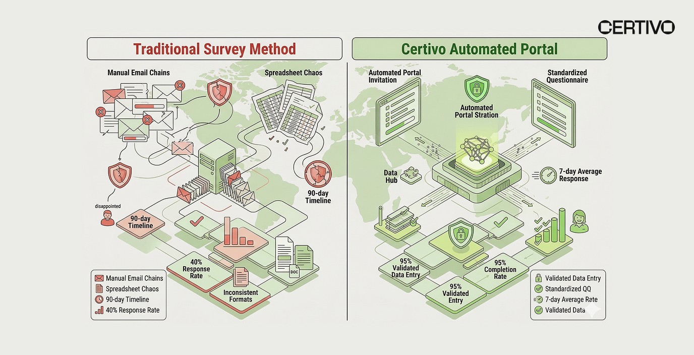 Automated PFAS supplier data collection portal compared to traditional manual survey methods