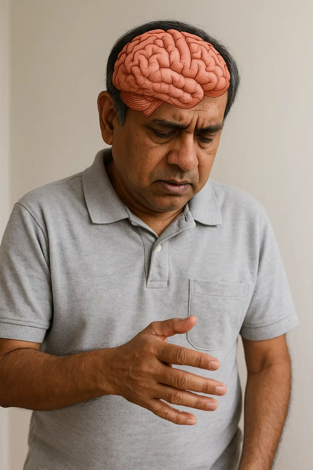Man showing hand tremors with an illustrated brain overlay — visual representation of motor symptoms in Parkinson’s Disease.