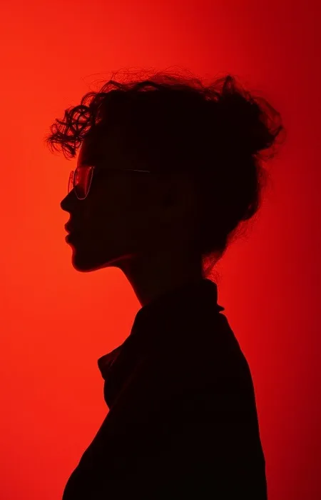 Red silhouette portrait with glasses.