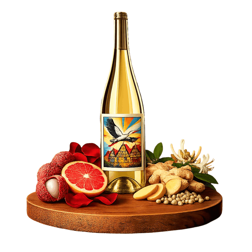 Artistic label and flavor profile for Alsace Aromatic White on a rustic wooden table.