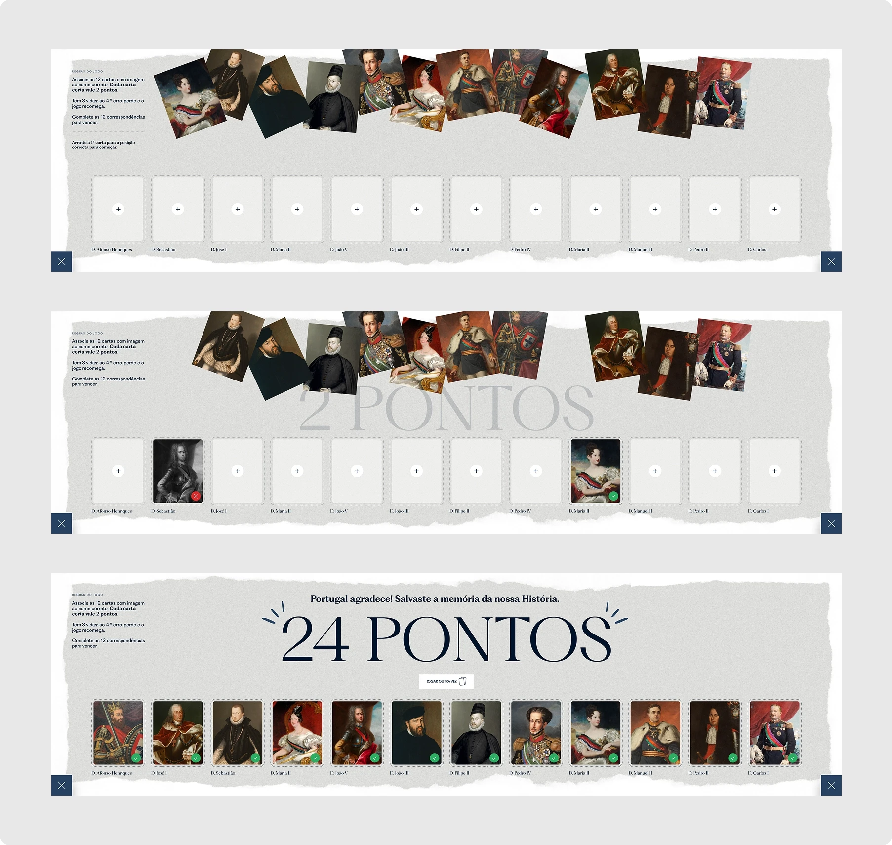 Captura de tela de um quiz histórico em português, “24 Pontos”, com retratos de figuras históricas e espaços para respostas; tom educativo.