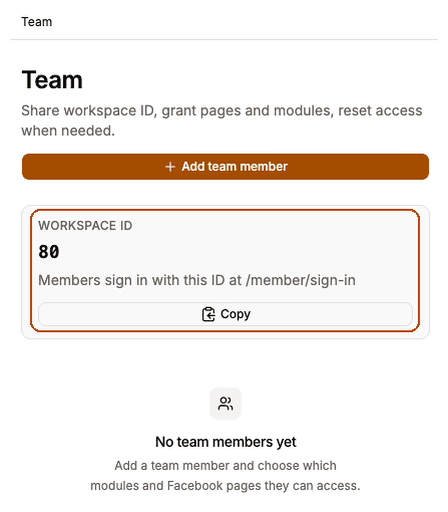 Team screen with the Workspace ID panel highlighted, showing the ID members need to sign in.