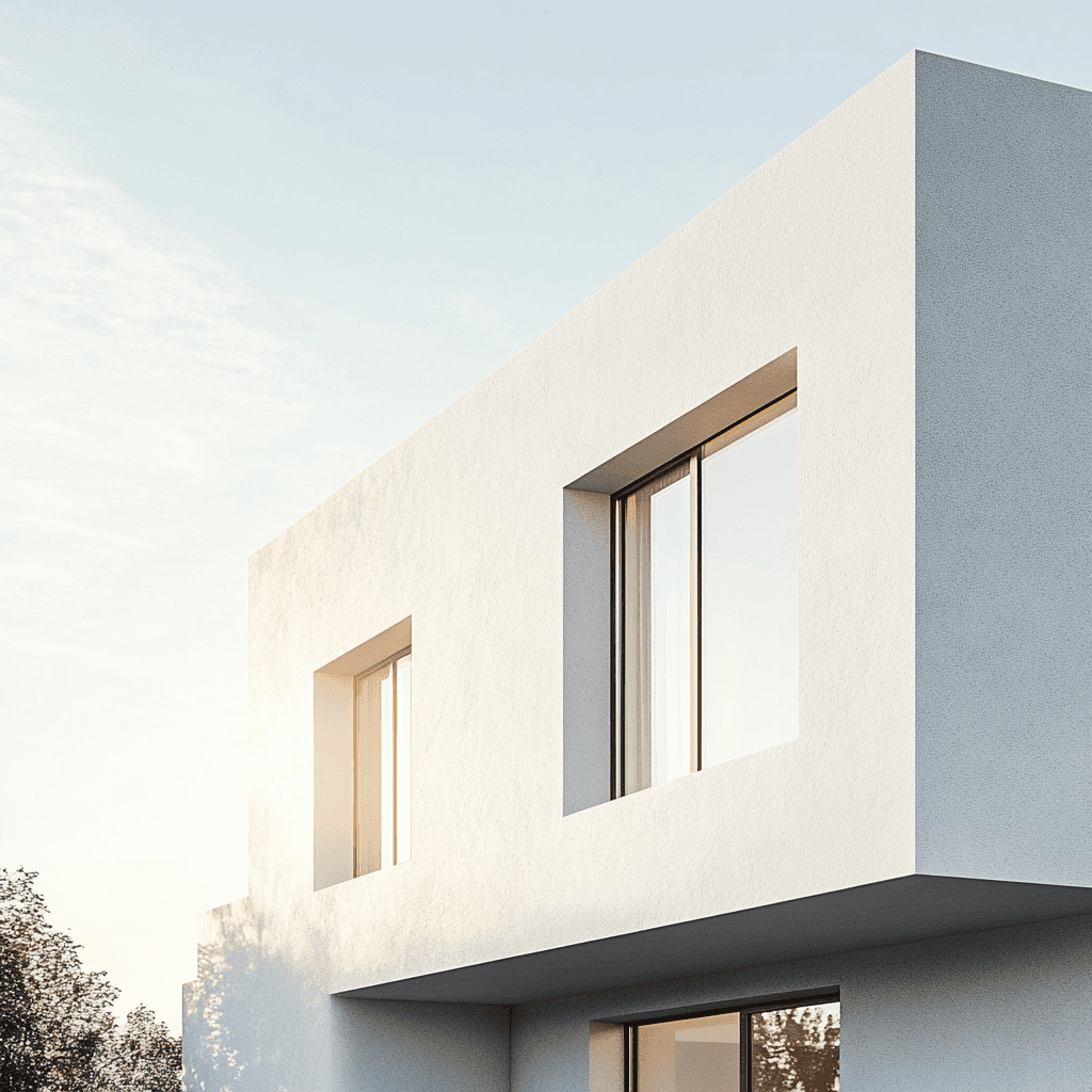 Neu sanierte weiße Fassade in modernem minimalistischen Stil