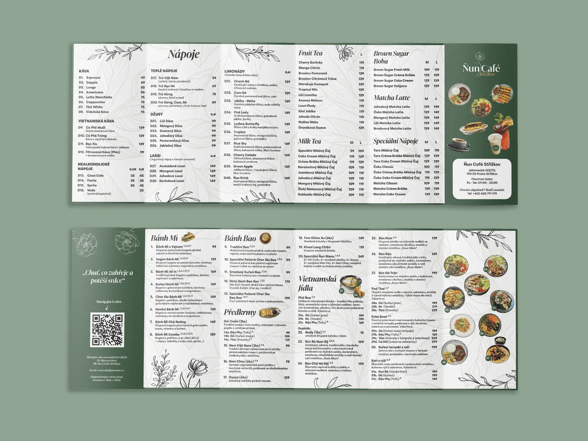 Skládané menu Ňun Café Střížkov s nápoji a vietnamskými jídly