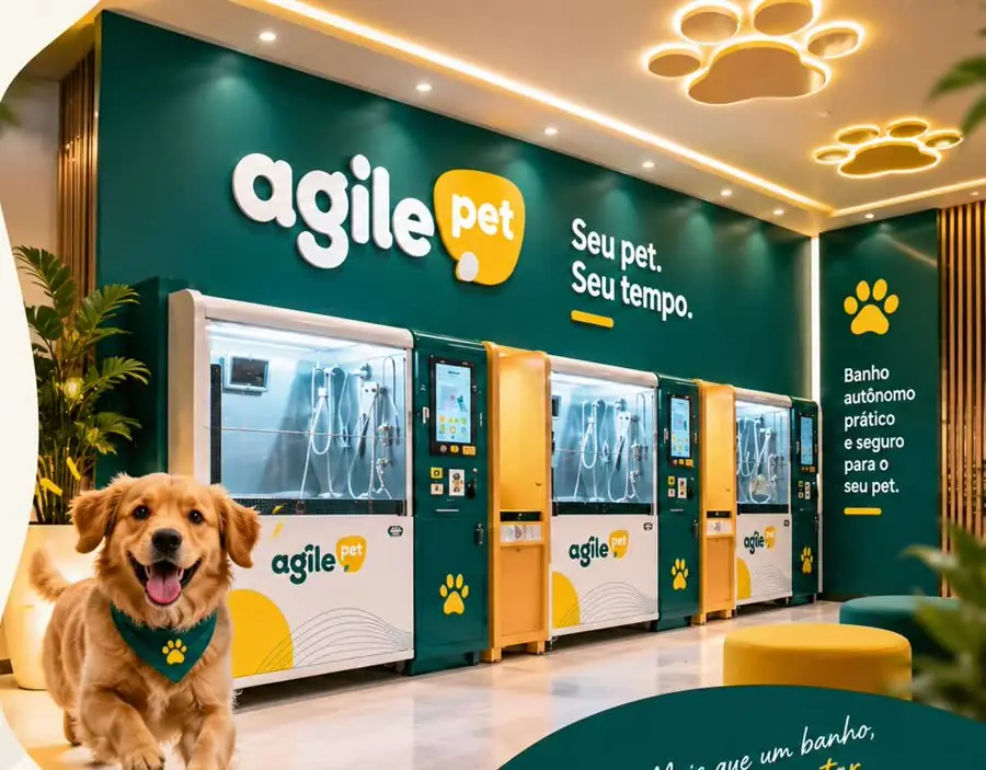 Loja Agile Pet com estações de banho e um golden retriever correndo