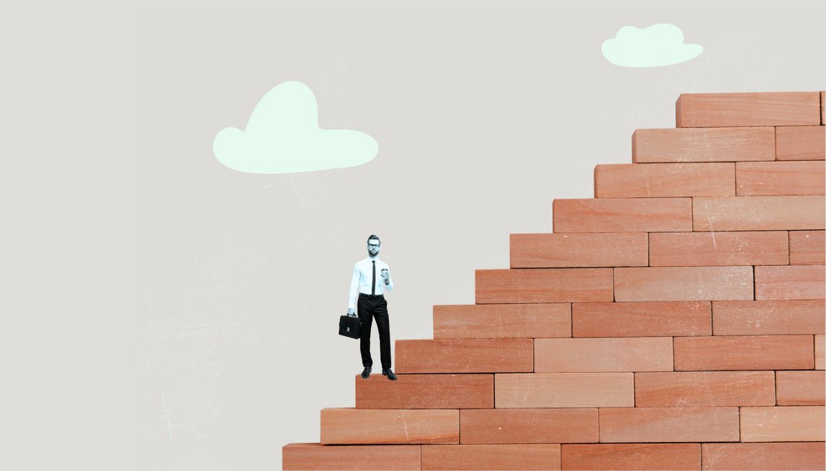 “Business professional with briefcase climbing wooden block staircase, symbolizing careers without a degree and bootcamps as faster paths to success.