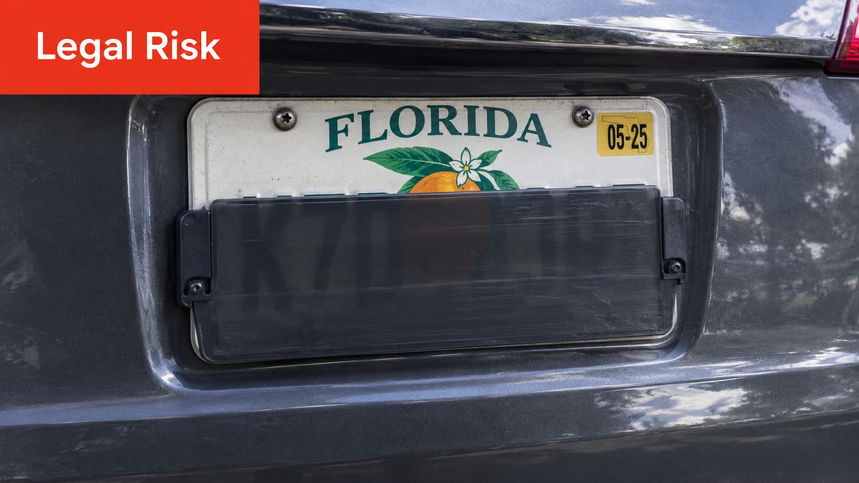 A Florida license plate partially obscured by a dark, tinted plastic cover on a grey vehicle bumper.