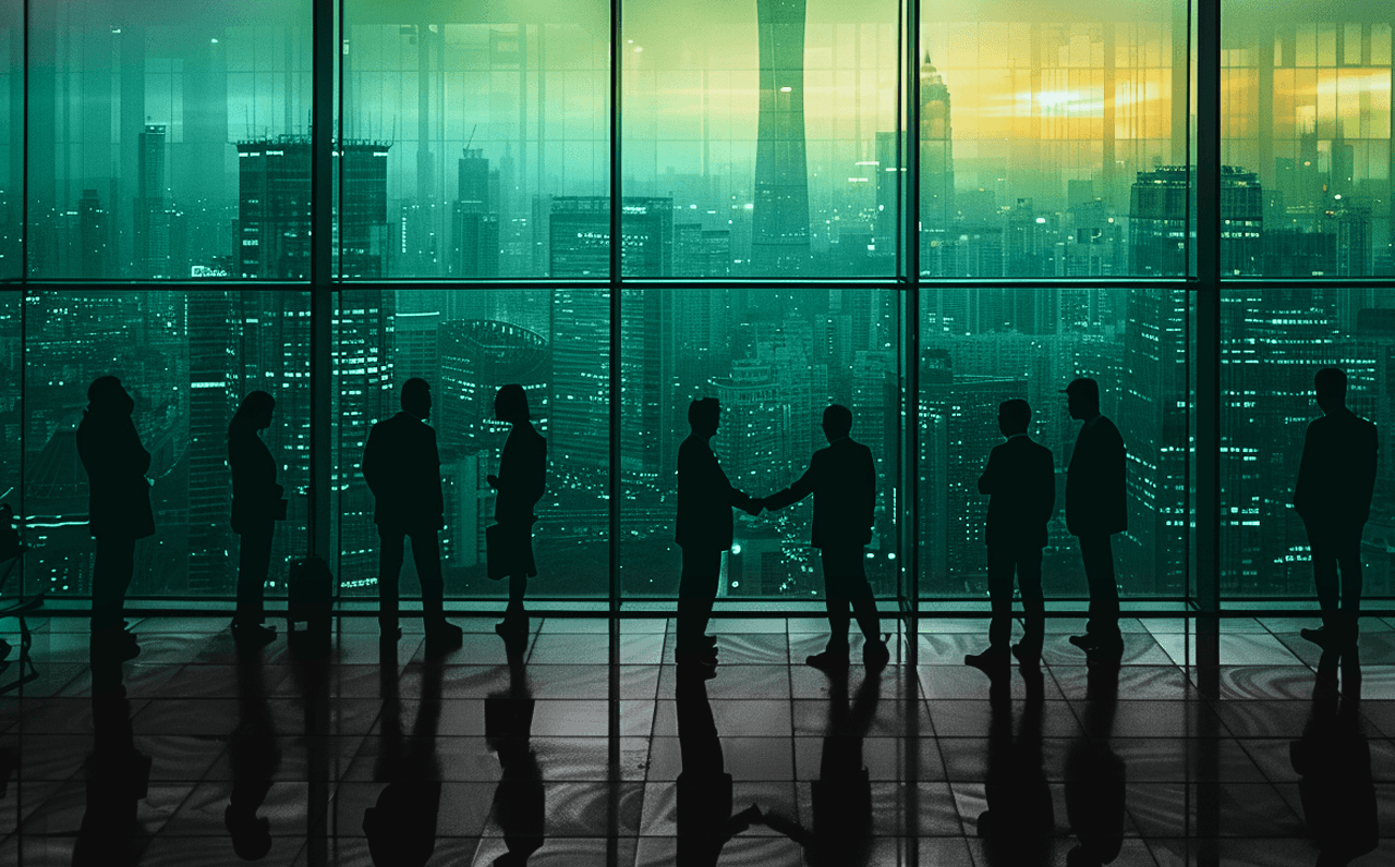 Silhouettes of business people in a skyscraper with cityscape backdrop at sunset.