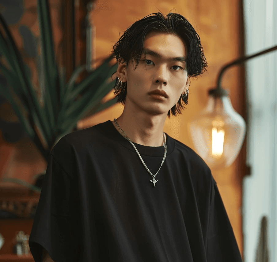 Young man with wet-look hair and a serious expression stands in front of warm-toned background. Wears black T-shirt, silver chain, plants visible.
