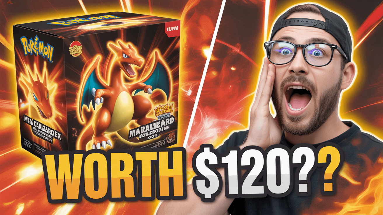 Mega Charizard EX box beside shocked host with fiery background and WORTH 120 text