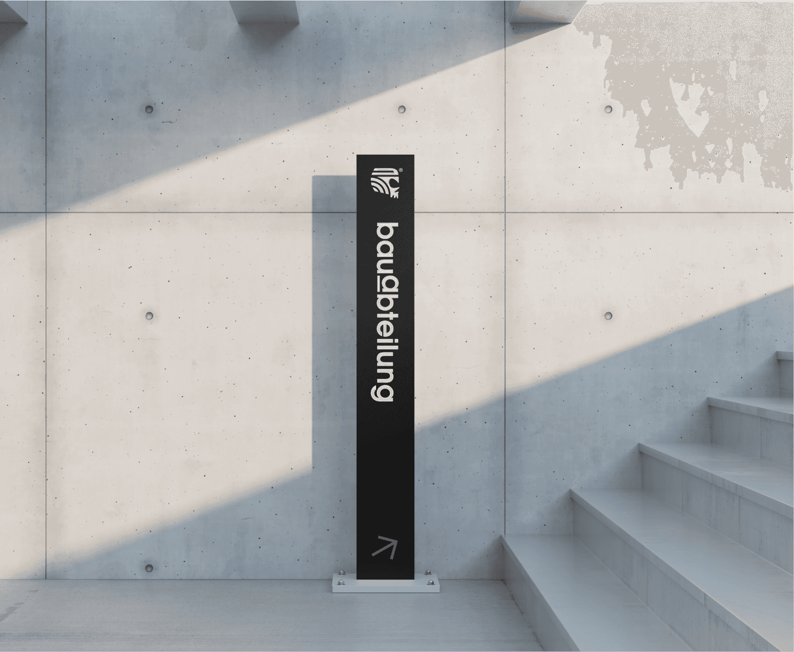 Black vertical bauabteilung sign in modern and minimalistic concrete architecture